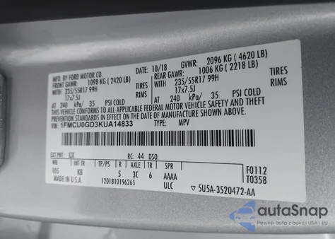 2019 Ford Escape Se z USA, uszkodzony, nr VIN 1FMCU0GD3KUA14833